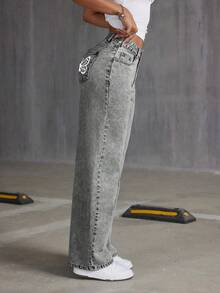 Tween Girls' Loose Casual Butterfly Print Denim Wide Leg Pants - Light Grey - View 2