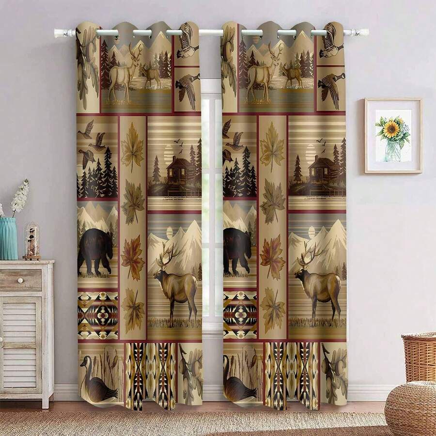Retro Rustic Blackout Curtains Bear Deer Plaid Snowy Mountain Chalet Farmhouse Window Drapes Black Swan Lake Water Room Darkening Window Treatments For Bedroom Living Room 52x84inch CLDWMS0248 - Black - View 1