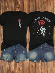 Women's Casual Graphic T-Shirt - Black Rose & Skeleton Hand Design With RUN LITTLE MOUSE Slogan, Floral Print Round Neck Summer Tee For Valentine's Day, Edgy Romantic Style, Ladies T Shirts, Everyday Comfort, Comfortable Fit - màu đen - Xem 1