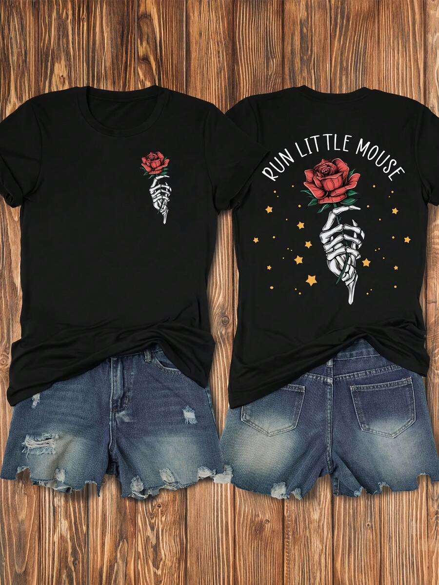 Women's Casual Graphic T-Shirt - Black Rose & Skeleton Hand Design With RUN LITTLE MOUSE Slogan, Floral Print Round Neck Summer Tee For Valentine's Day, Edgy Romantic Style, Ladies T Shirts, Everyday Comfort, Comfortable Fit - màu đen - Xem 1