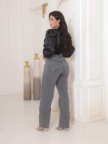Gaven Women's Wide Leg 100% Jeans, Premium Thick Marbled Fabric, High Waist - Xám - Xem 3