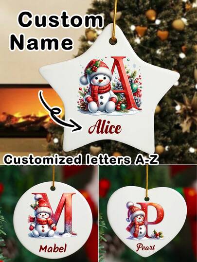 Custom Name Christmas Ornament, Personalized Family Christmas 2025 Ornament, Customizable Letter Christmas Tree Decorations, Christmas Home Decor, Customized Christmas Gifts, Christmas, Snowman, 2025, Heart/Circle/Five-Pointed Star, Room Decor, Boys, Girls, Kids, Family, Friend
