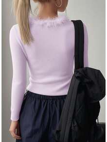 Suéter tipo blusa para mujer estilo elegante romántico color sólido con detalles de borde peludo tejido elástico corte ajustado cuello en V manga larga otoño invierno oficina cita versátil - Morado - Ver 2