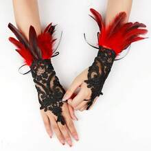 L'VOW 2Pcs Gothic Black Lace Feather Long Gloves For Women Halloween Witch Costume Swan Wristband Cuff{"Color_name":"A-Red"} - A-紅色 - 查看 8