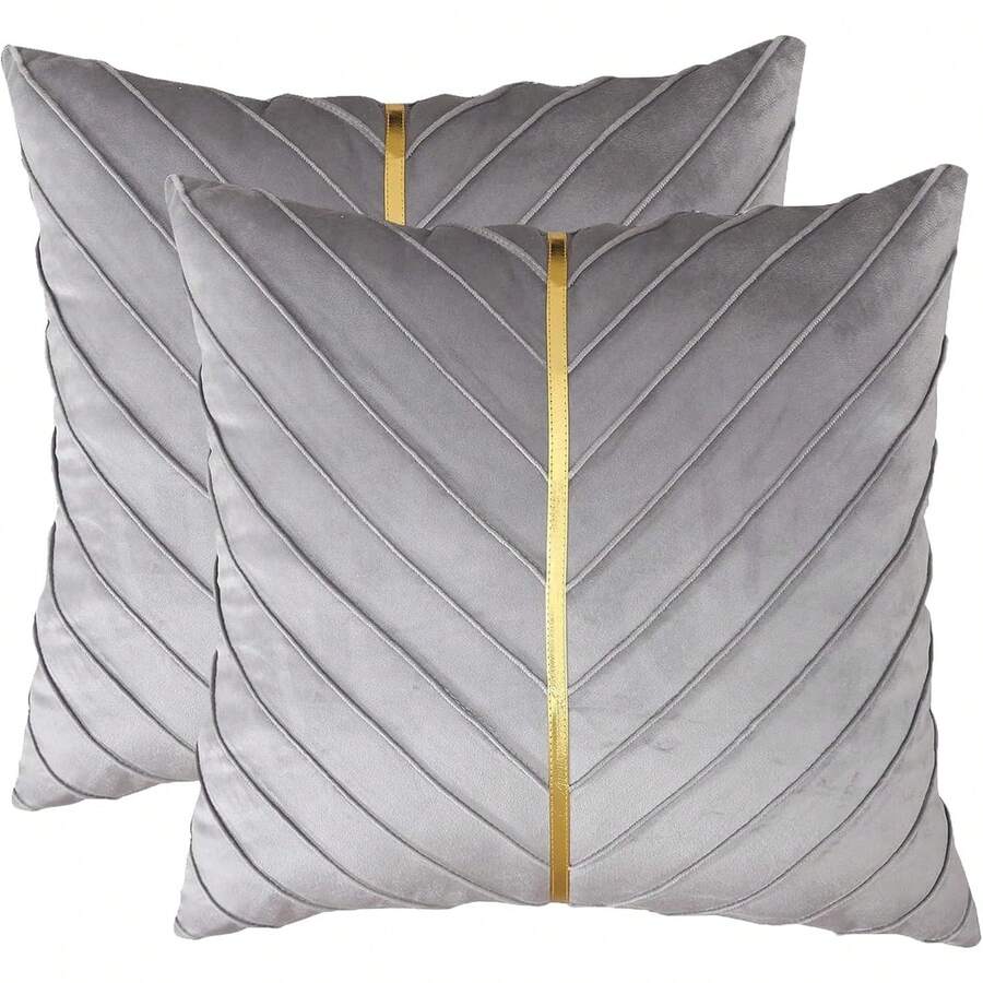 Navy Blue Velvet Throw Pillow Covers 18 X 18 Inch Pack Of 2 With Gold Leather Decor For Couch, Luxury Modern Pillowcases For Living Room, Bedroom Sofa Cushion Bed - 灰色的 - 查看 1