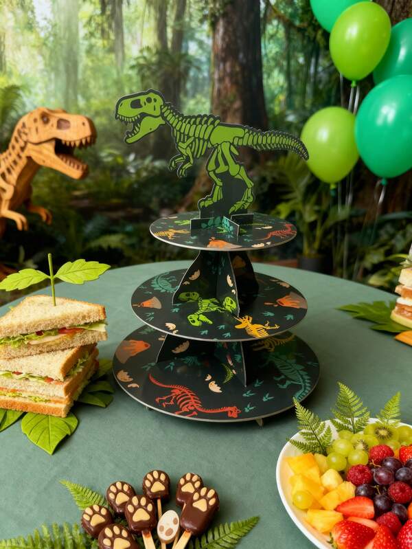 Soporte para tarta de tres niveles con temática de dinosaurio para fiesta de cumpleaños, soporte para tarta con patrón de huesos y fósiles de Tiranosaurio Rex, soporte de papel de tres niveles para tarta de cumpleaños, soporte de tarta de varios niveles, adecuado para fiestas de cumpleaños, picnics al aire libre, reuniones familiares, Navidad, fiestas con temática jurásica, sin contacto directo con alimentos