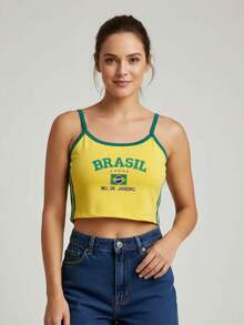 Embroidered Brazil Shirt Women's Thin Strap Suplex Fabric Tank Top - 黃色 - 查看 5