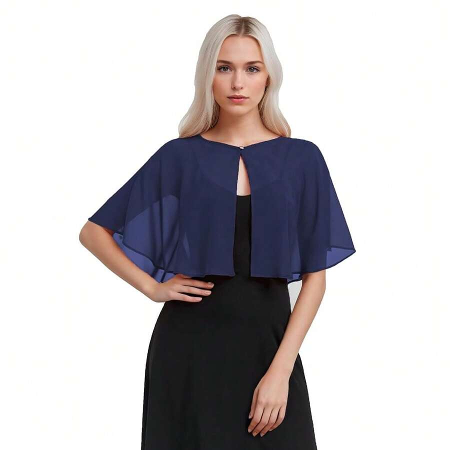 Women's Soft Chiffon Capelets Shawls And Wraps For Evening Wedding Cape Bole Cover Up{"Color_name":"Navy"} - Navy - View 1