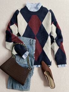 Autumn/Winter Fashion Comfortable Warm Rhombus Pattern Colorblock Crew Neck Loose Knit Pullover Sweater - Red and Blue - View 2