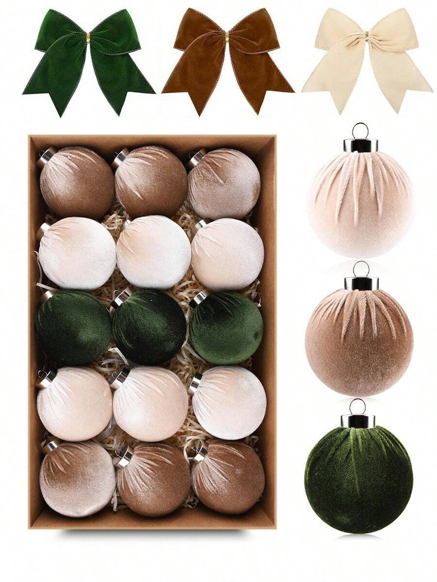 Christmas Tree Ornaments Velvet Balls - Pack Of 12pcs Shatterproof Xmas Bulbs Decorations Set - Multicolor Green Brown Neutral, Christmas Tree Decorations,Christmas Ornaments,Christmas Decor,Christmas Decorations,60mm 2.36 Inch,Christmas Velvet Bows 6 Inch Rustic Wreath Gift Bows Vintage Xmas Velvet Ribbon Bow Ornaments For Christmas Farmhouse Tree Garland DIY Craft Wrapping Decorative - Brown-dark Green - View 1