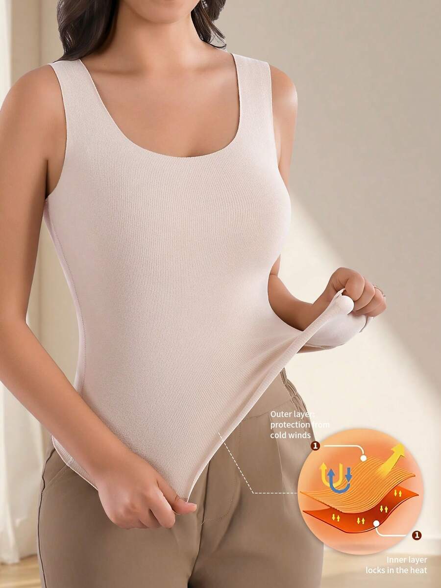 高品质舒适女士罗纹保暖纯色无袖保暖背心,女士冬季保暖罗纹服装 - 米色 - 查看 1
