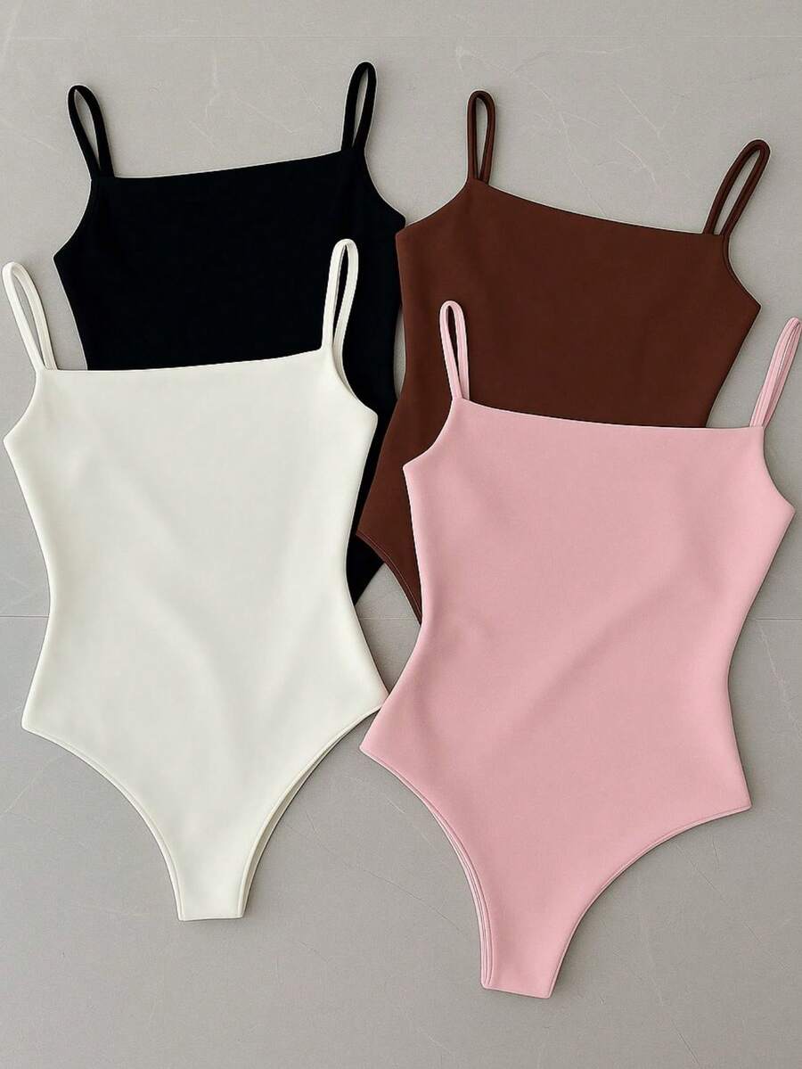 Kit With 4 Women's Leotard Bodysuit With Straps And Straight Neckline, Shaping, Elastic Fabric, Non-Transparency, Casual Fashion, Versatile, Basic, Gringa, Blogger - 羅莎咖啡黑白 - 查看 1