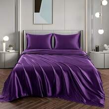 Silky Soft Pink Twin XL Satin Bed Sheets Set, 1 Deep Pocket Fitted Sheet + 1 Flat Sheet + 1 Pillowcase,  In 2025 - 深紫色 - 查看 4