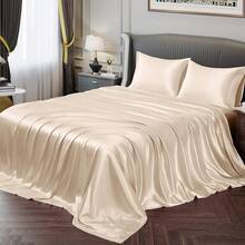 Silky Soft Pink Twin XL Satin Bed Sheets Set, 1 Deep Pocket Fitted Sheet + 1 Flat Sheet + 1 Pillowcase,  In 2025 - 米色 - 查看 11