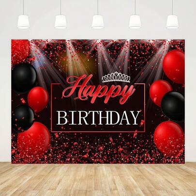 生日快乐背景横幅，饰以红色和黑色气球以及银色皇冠图案，适用于摄影背景、女士生日派对装饰、蛋糕桌横幅、拍照道具和生日派对用品。