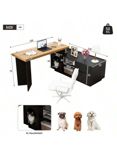 Corner Bureau Integrated Pet Ho 120 50 Cm, MDF, Thickened Board, Shaped Or One Piece, Flexible Assembly, Home Office XL Den, view 2