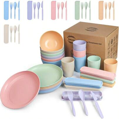 Wheat Straw Dinnerware Sets For 6 Unbreakable Plastic Dishes Set 42 PCS Reusable Plates And Bowls Sets Lightweight Microwave And Dishwasher  Perfect For Camping Picnic Campervan
