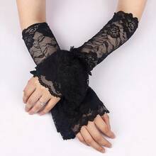 L'VOW 2Pcs Gothic Black Lace Feather Long Gloves For Women Halloween Witch Costume Swan Wristband Cuff{"Color_name":"Lace-Black"} - 蕾絲黑 - 查看 5