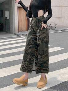 Camouflage Mid-Rise Midi Denim Skirt, Loose Fit With Slit, Casual For Spring/Summer - Multicolor - View 3