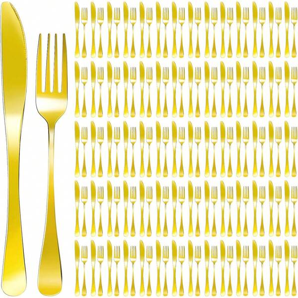 100pcs Stainless Steel Gold & Silver Flatware Set, Suitable For 50 People, 50pcs Forks And 50pcs Knives Cutlery Set, Suitable For Butter, Kitchen, Restaurant, Dishwasher : Tableware