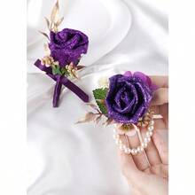 Purple Rose Boutonniere And Corsage Set 2 Pcs Artificial Flowers Wrist Corsage And Boutonniere Kit For Men Wedding Prom Party Anniversary Ceremony - 紫色 - 查看 6