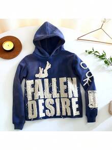 Y2K Hoodie For Man Pullover Sweatshirts"FALLEN DESIRE"Applique Embroidered Letter Graphic Hoodies - 寶藍色 - 查看 2