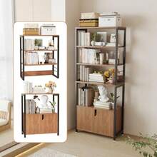 YASICA オープンシェルフ 棚 おしゃれ オープンラック 独立式スチール棚 本棚 戸付き多段ラック キッチンラック 分割式 上下分離可能 台所 食器収納棚 収納 レンジ リビング 家具 木製 鉄製 組立簡単 ダークウォルナット色 幅65cm×奥行き30cm×高155cm - 写真の通り - チェックする 5