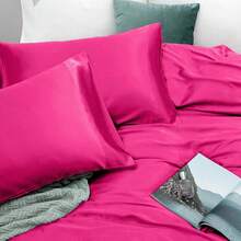 Silky Soft Pink Twin XL Satin Bed Sheets Set, 1 Deep Pocket Fitted Sheet + 1 Flat Sheet + 1 Pillowcase,  In 2025 - 玫紅色 - 查看 5