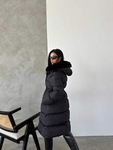 KADIN ÇIKARILABİLİR KÜRK DETAYLI KEMERLİ UZUN MONT - Black - View 4
