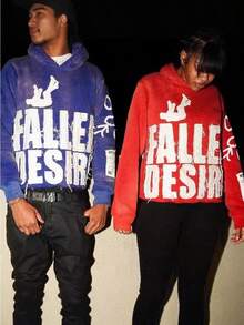 Y2K Hoodie For Man Pullover Sweatshirts"FALLEN DESIRE"Applique Embroidered Letter Graphic Hoodies - 寶藍色 - 查看 3
