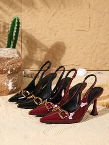 女士尖头高跟鞋，新款秋季优雅正式鞋，踝带设计，金属装饰，9厘米鞋跟，黑色，适合派对和工作场合，优雅 - 黑色 - 查看 5