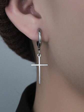 1pc Fashionable Minimalist Retro Hip-Hop Titanium Steel Cross Pendant Earrings, Unisex Everyday Wear