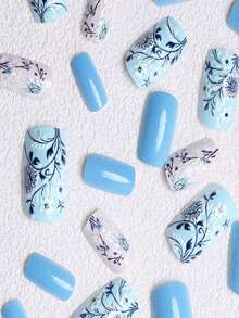 24片中号方形美甲贴纸，蓝色花卉图案，亮面，包含啫喱凝胶和指甲锉，易于粘贴，按压式设计，适合日常美甲佩戴。 - 彩色 - 查看 3