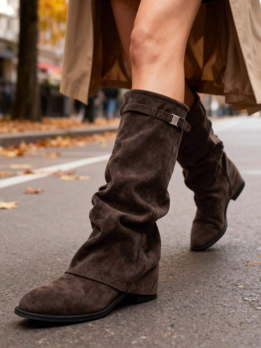 1 Pair Women's Fashionable Solid Color Velvet Sexy Mid-Calf Boots, Versatile And Comfortable - Rust Brown - View 1