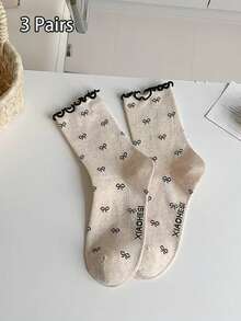 3/6 双女式中筒袜，复古花卉提花图案，荷叶边饰边，甜美女孩风格，奢华复古袜子，适合所有季节，秋季 - 彩色 - 查看 17