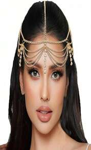 SAWINDA Gold Rhinestone Head Chain Jewelry Halloween Prom Boho Headpiece For Women Goddess Bride Wedding Hair Jewelry Egyptian Hair Chain Layered Festival Outfits 1920 Accessories - 白色 - 查看 1
