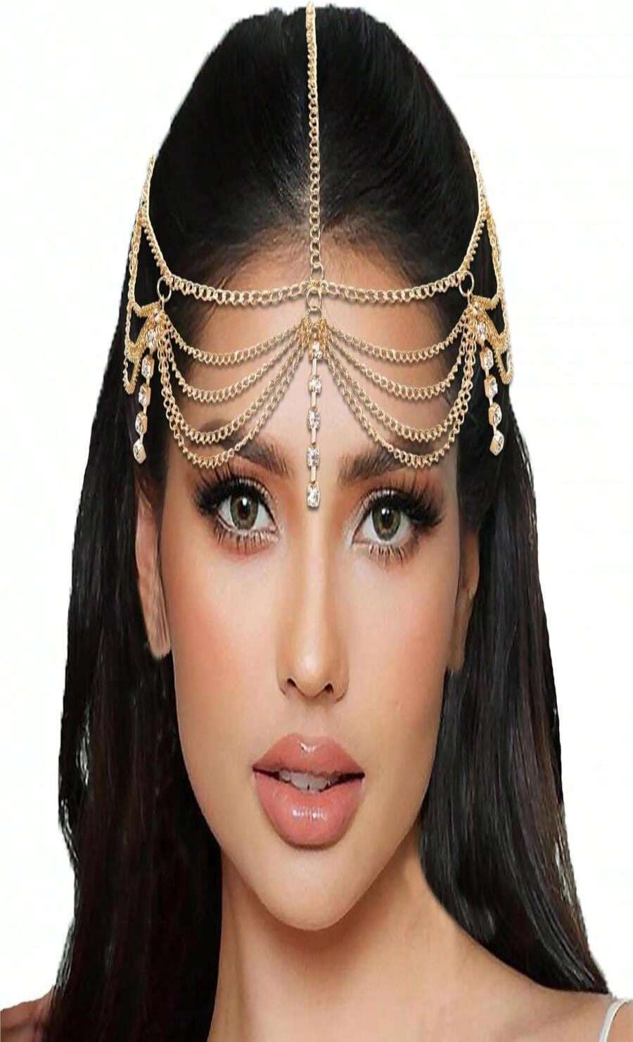 SAWINDA Gold Rhinestone Head Chain Jewelry Halloween Prom Boho Headpiece For Women Goddess Bride Wedding Hair Jewelry Egyptian Hair Chain Layered Festival Outfits 1920 Accessories - 白色 - 查看 1