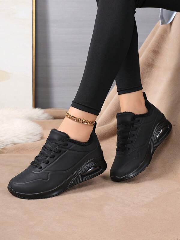 Scarpe da corsa da donna con suola morbida, ammortizzazione ad aria, stringhe, punta tonda, fodera in pile caldo, stile campus, sneaker casual adatte per coppie, ideali per l'inverno