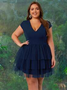 Women Plus Size Elegant Multi-Layered Mesh V-Neck Cocktail Dress For Wedding Guest, Homecoming, Graduation, Evening Date, Casual Tea Party, Spring/Summer/Autumn/Christmas - Navy Blue - View 6