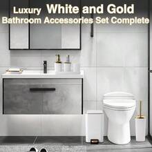 XLHOMO White Bathroom Accessories Set 8 Piece White And Gold Bathroom Set Bathroom Sets With Stainless Steel Trash Can Toilet Brush Toothbrush Set Soap Dispenser - White - View 5