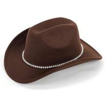 Women Sparkly-Rhinestone Western-Cowgirl-Hat Glitter-Bling Cowboy-Hat Felt-Rodeo-Hat For Disco-Party Medium/Large{"Size_name":"Medium-Large","Color_name":"OneRhinestoneDecor-Brown"} - One 水鑽裝飾棕色中大號 - 查看 3