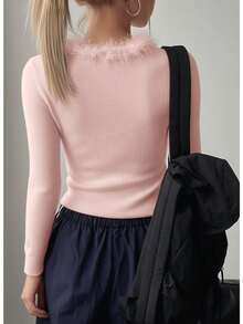 Suéter tipo blusa para mujer estilo elegante romántico color sólido con detalles de borde peludo tejido elástico corte ajustado cuello en V manga larga otoño invierno oficina cita versátil - Rosa - Ver 2