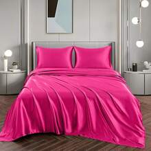 Silky Soft Pink Twin XL Satin Bed Sheets Set, 1 Deep Pocket Fitted Sheet + 1 Flat Sheet + 1 Pillowcase,  In 2025 - 玫紅色 - 查看 4