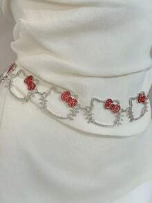 Sanrio Hello Kitty Women's Y2K Retro Sparkling -Adorned Belt With Heart Cutouts & Hello Kitty Face Charms - Adjustable Chain Strap, Hand Washable, Casual To Party Outfits, Christmas/Halloween Gift (Standard Size) - Cute Anime Accessory With Glittery Heart-Shaped Hello Kitty Charms, Y2K/ Retro Style, Perfect For Beach, Evening Outings, And Festive Occasions, Secure Buckle Closure, No Feathers, Ideal For Casual Wear And Special Events