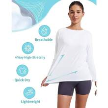 - Camisas de entrenamiento de manga larga de viscosa de bamb para mujer, espalda holgada, para yoga, atltica, camisetas casuales con cuello nutico - Blanco + CH - Ver 5