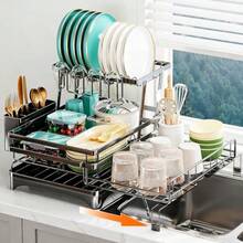 Expandable 2in1 Dish Drying Rack 2Tier Dish Rack With 360° Rotating Drainer Board Carbon Steel Dish Drainerwith Cutlery Utensil Rack And Holders For Kitchen Storage And Organisation