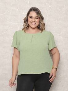 ONLYONE - PLUS SIZE WOMEN'S BLOUSE, SHORT SLEEVE PRINCESS, PLEATES ON THE NECKLINE, LIGHT DUNES - ELEGANT WOMEN'S BLOUSES, LARGE - 橄欖綠 - 查看 4