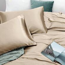 Silky Soft Pink Twin XL Satin Bed Sheets Set, 1 Deep Pocket Fitted Sheet + 1 Flat Sheet + 1 Pillowcase,  In 2025 - 灰褐色 - 查看 5