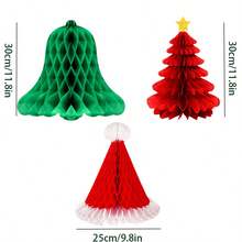 1/2/3pcs Festive Christmas Honeycomb Pendant Set - Colorful Paper Tree & Hat Bell Decorations For Winter & New Year Celebrations, Ideal For Holiday Tree Ornaments, Christmas Decorations