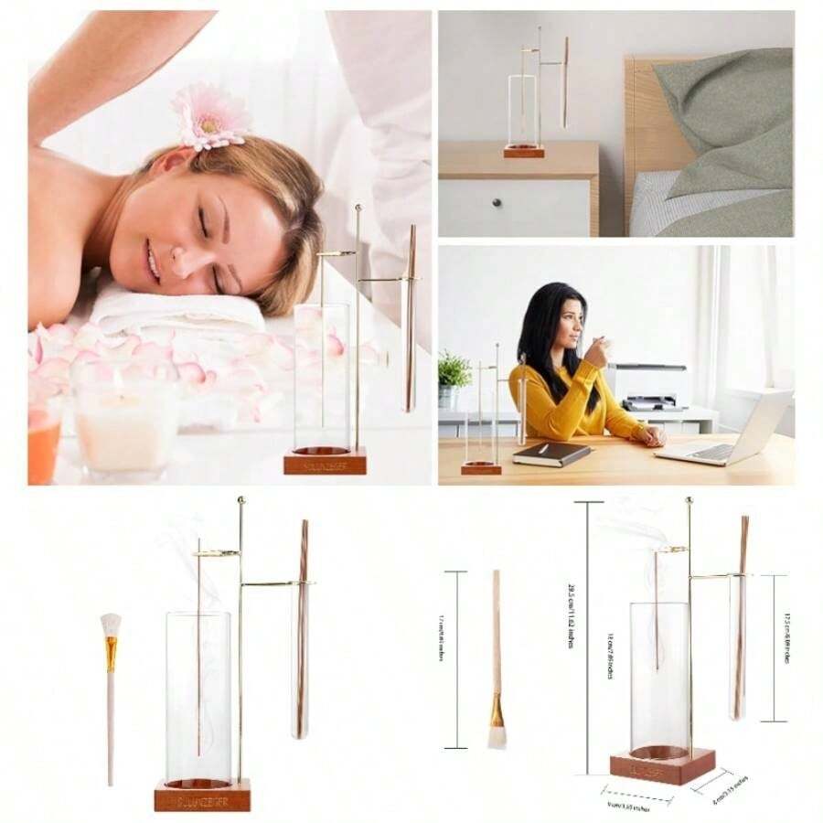 Incense Holder Stick, Glass Insence Sticks With Removable Anti Ash Catcher Storage Tube, Wood Cones Holders Stand With Ash Brush, Yoga Spa Madiation Relaxation, Home Decor - 棕色 - 查看 1